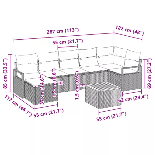  8 darabos kerti szófa szett párnákkal Bézs Poli Rattan Akác