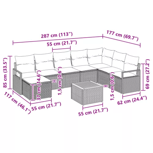  9 Darabos Kerti Kanapé Szett Párnákkal Fekete Poli Rattan Akácfa