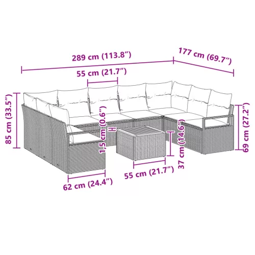  10 Darabos Kerti Kanapé Szett Párnával Fekete Polirattan Akác