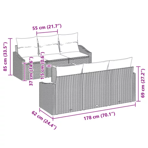  7 Darabos Kerti Kanapé Szett Párnákkal Fekete Polirattan Akác
