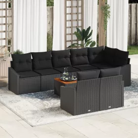    9 Darabos Kerti Sofa Szett Párnákkal Fekete Poli Rattan Akáciából