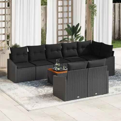  9 Darabos Kerti Sofa Szett Párnákkal Fekete Poli Rattan Akáciából