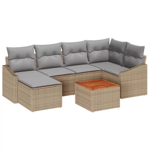  7 Részes Kerti Kanapé Szett Párnákkal Bézs Poli Rattan Akáccal