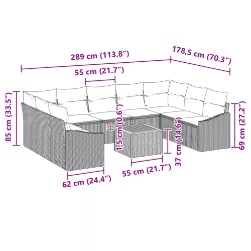  10 Részes Kerti Kanapé Szett Párnákkal Szürke Poli Rattan Akác