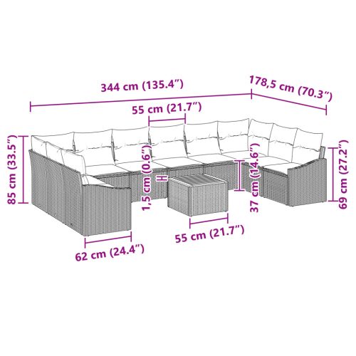  11 Részes Kert Sofa Szett párnákkal Szürke Poli Rattan Akác