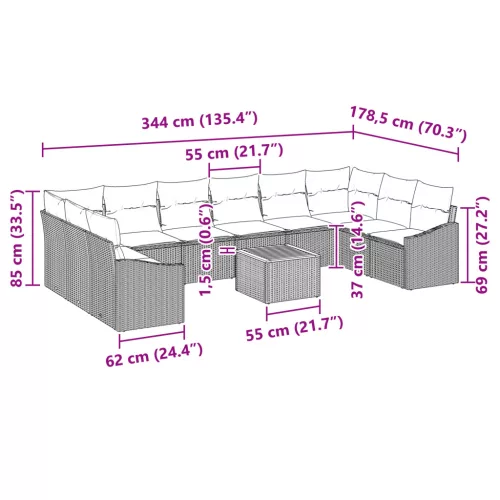  11 Részes Kert Sofaszett Párnákkal Bézs Poli Rattan Akác