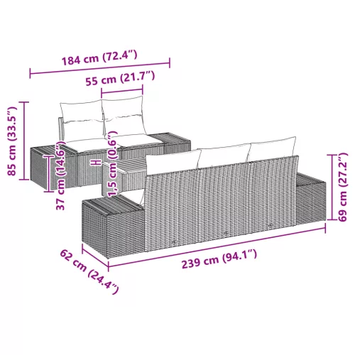  6 Részes Kerti Kanapé Szett Párnákkal Szürke Poli Rattan Akác