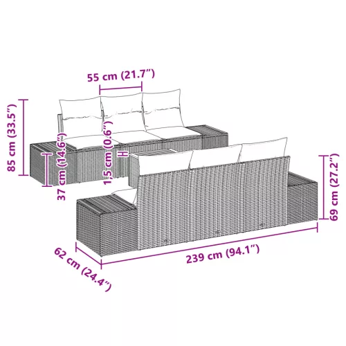  7 részes kerti kanapé szett párnákkal fekete polirattan akácia