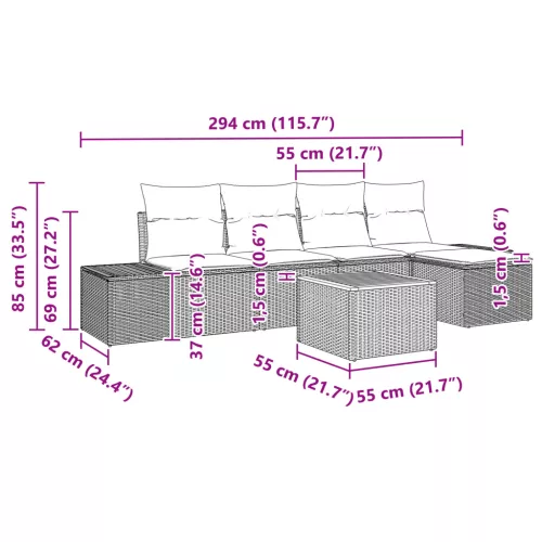  6 Részes Kerti Sofa Szett Párnákkal Fekete Poli Rattan Akácia