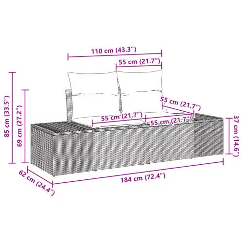  6 Részes Kerti Sofa Szett Párnákkal Fekete Poli Rattan Akácia