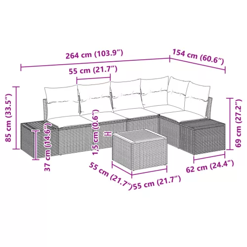  6 darabos Kerti Kanapé Szett Párnákkal Bézs Poli Rattan Akác