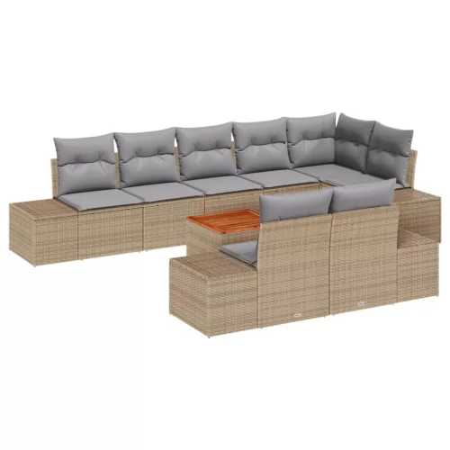  9 darabos kerti kanapé szett párnákkal Bézs poli rattan akáccal