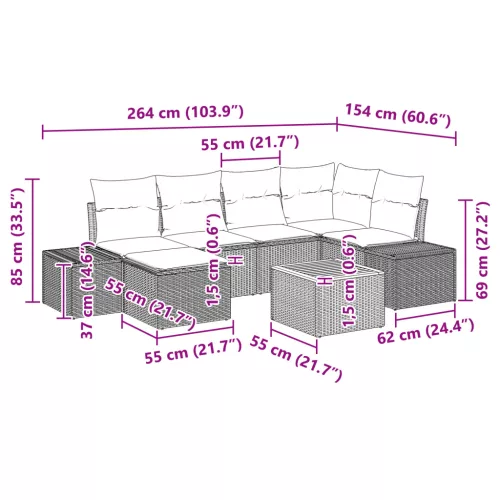  7 Darabos Kerti Kanapészett Párnákkal Fekete Poli Rattan Akáccal