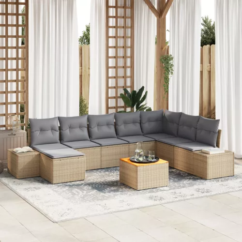  9 Darabos Kerti Kanapé Készlet Párnákkal Bézs Poli Rattan Akác