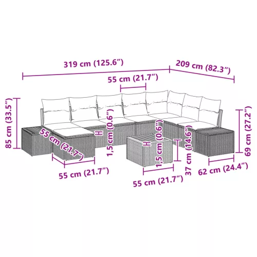  9 Darabos Kerti Kanapé Készlet Párnákkal Bézs Poli Rattan Akác