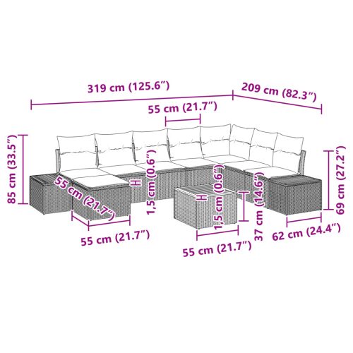  9 darabos kerti kanapészett párnákkal bézs poli rattan akáciából
