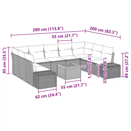  10 darabos Kerti Kanapé Szett Párnákkal Bézs Poli Rattan Akácia