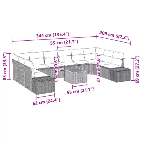  11 Darabos Kerti Kanapé Szett Párnákkal Fekete Poli Rattan Akáciáért