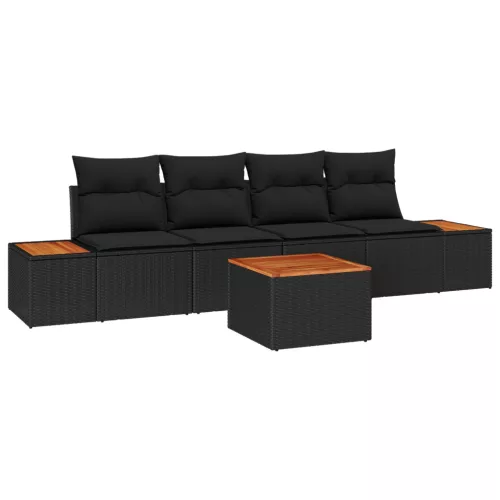  5 darabos kerti kanapé szett párnákkal fekete poli rattan akáciával