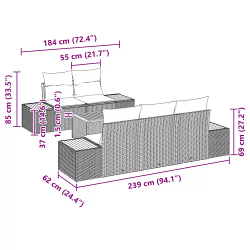  6 darabos kerti kanapé szett párnákkal bézs polirattan akác