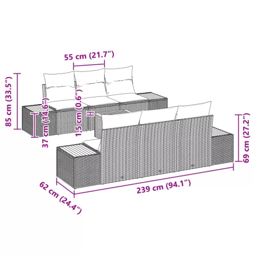  7 darabos kerti kanapé szett párnákkal szürke polirattan akáciából