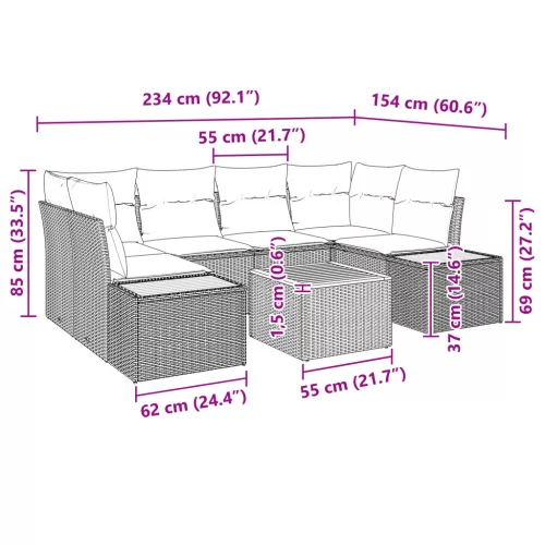  7 Darabos Kert Kanapé Szett Párnákkal Szürke Poli Rattan Akácia