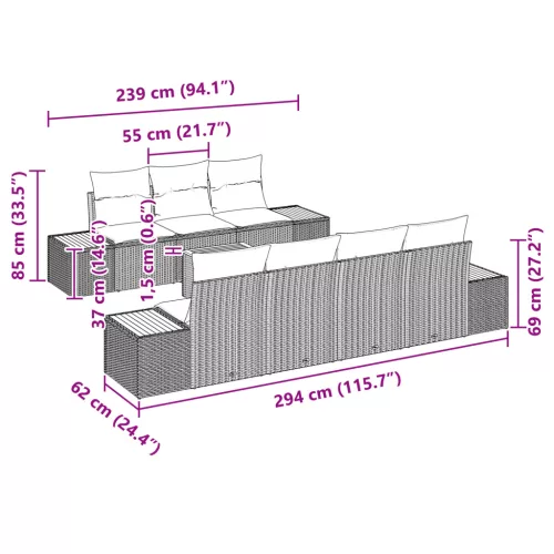  8 részes kerti kanapé szett párnákkal fekete poly rattan akác