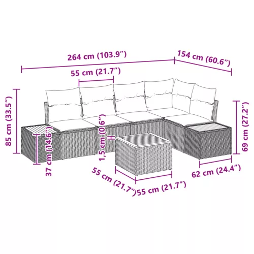  6 Részes Kerti Kanapé Szett Párnákkal Fekete Poli Rattan Akácia
