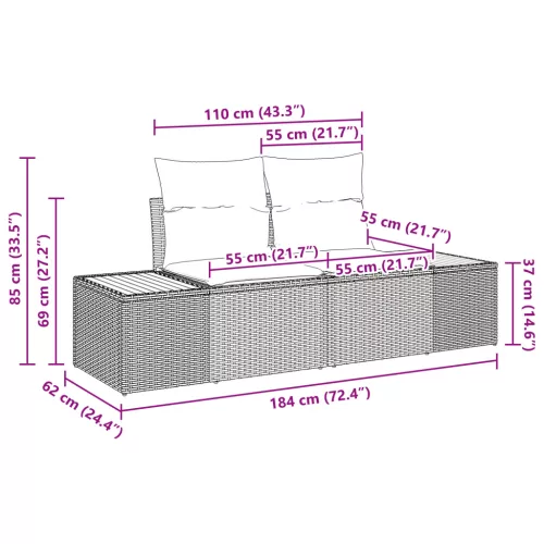  7 részes kerti kanapé szett párnákkal fekete polirattan akácia