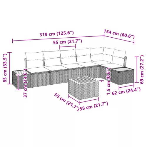 7 részes kerti kanapé szett párnákkal bézs polirattan akácia