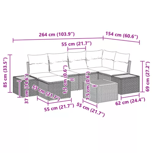  7 Részes Kerti Kanapesz Készlet Párnákkal Fekete Polirattan Akáccsal