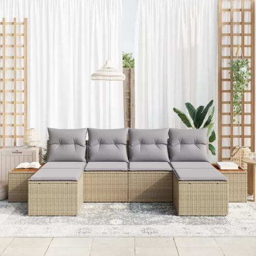  6 Részes Kert Kanapé Készlet Párnákkal Bézs Poli Rattan Akác