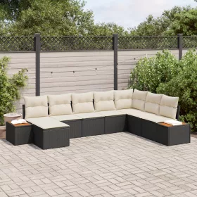    8 Részes Kert Kanapé Szett Párnákkal Fekete Polirattan Akácia