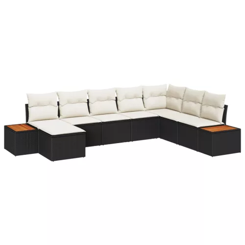  8 Részes Kert Kanapé Szett Párnákkal Fekete Polirattan Akácia