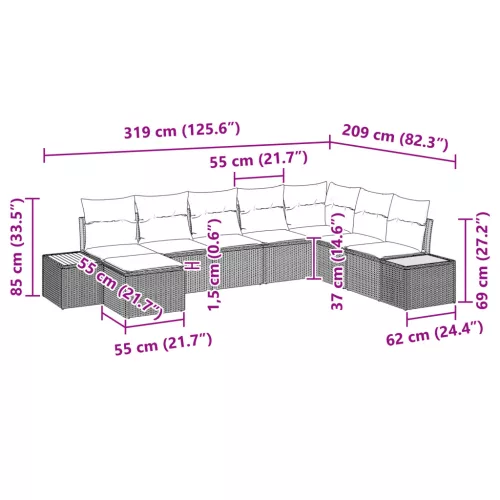  8 Részes Kert Kanapé Szett Párnákkal Fekete Polirattan Akácia