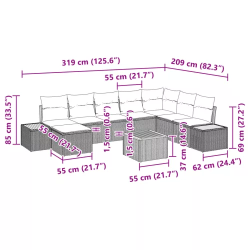  9 darabos kerti kanapé szett párnákkal fekete poli rattan akácból