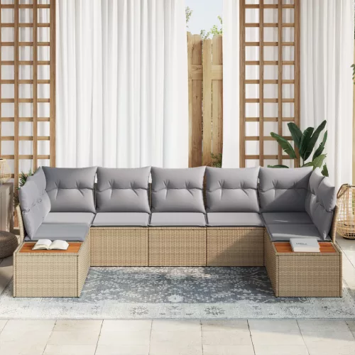  7 Részes Kerti Kanapé Szett Párnákkal Bézs Poli Rattan Akácia