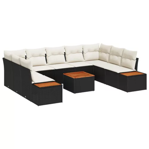  10 darabos kerti kanapé szett párnákkal, fekete poli rattan és akácia