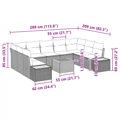  10 darabos kerti kanapé szett párnákkal, fekete poli rattan és akácia
