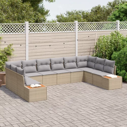  10 darabos kerti kanapé szett párnákkal bézs polirattan akáccal