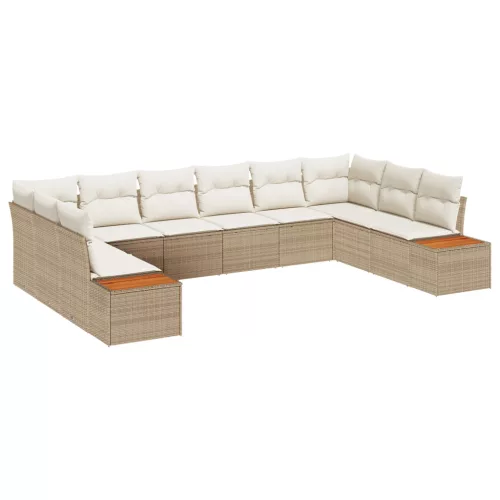  10 Darabos Kerti Kanapé Szett Párnákkal Bézs Poli Rattan Acacia