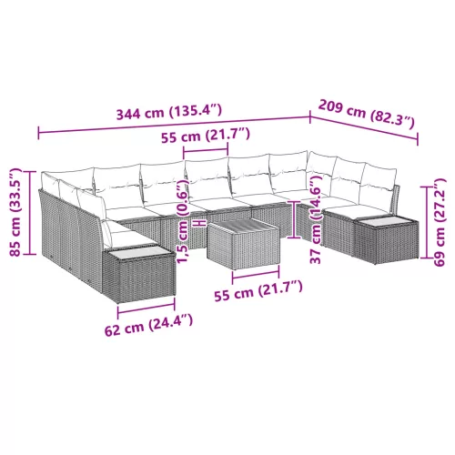 11 db Kerti Kanapé Készlet Párnákkal Bézs Poli Rattan Akácia