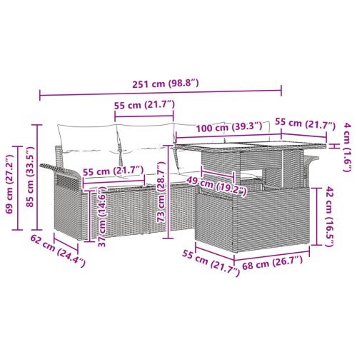  5 darabos Kert Sofa Készlet Párnákkal Barna Poli Rattan
