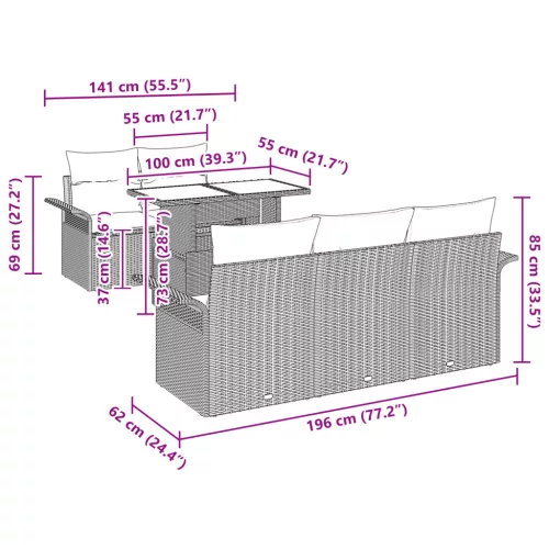 6 Darabos Kerti Kanapé Szett Párnákkal Világosszürke Poli Rattan