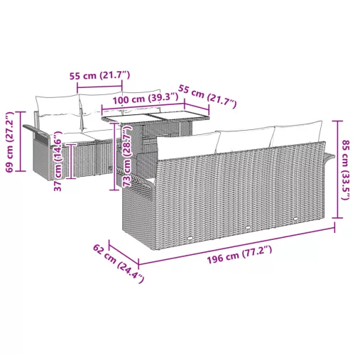  7 darabos Kerti Kanapé Szett Párnával Fekete Poli Rattan