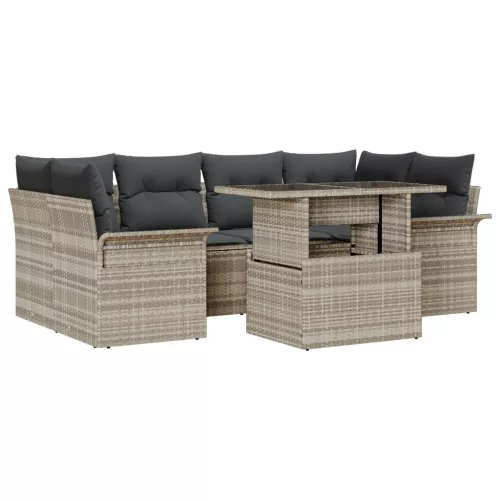  7 Részes Kerti Kanapé Szett Párnákkal Világosszürke Poli Rattan