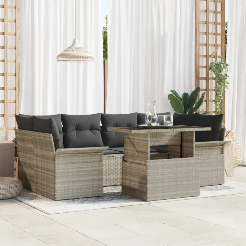  7 Részes Kerti Kanapé Szett Párnákkal Világosszürke Poli Rattan