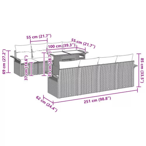  9 darabos kerti kanapé szett párnákkal fekete poli rattannal