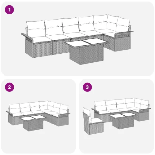  7 darabos kerti kanapé szett párnákkal, bézs poli rattan