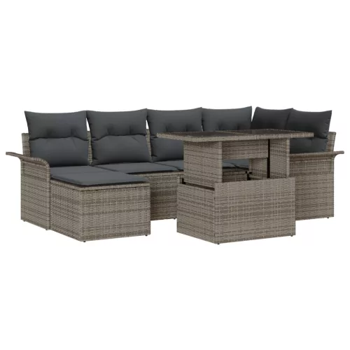  7 Részes Kerti Kanapé Szett Párnákkal Szürke Poli Rattan